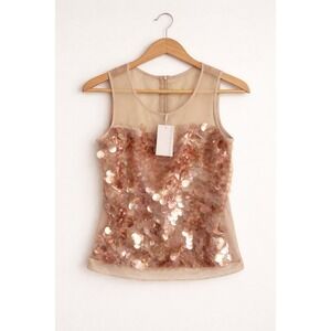 NWT Ann Taylor Sequin Cami Tank Size 2 Nude Beige Rose Gold Disco Glam Top